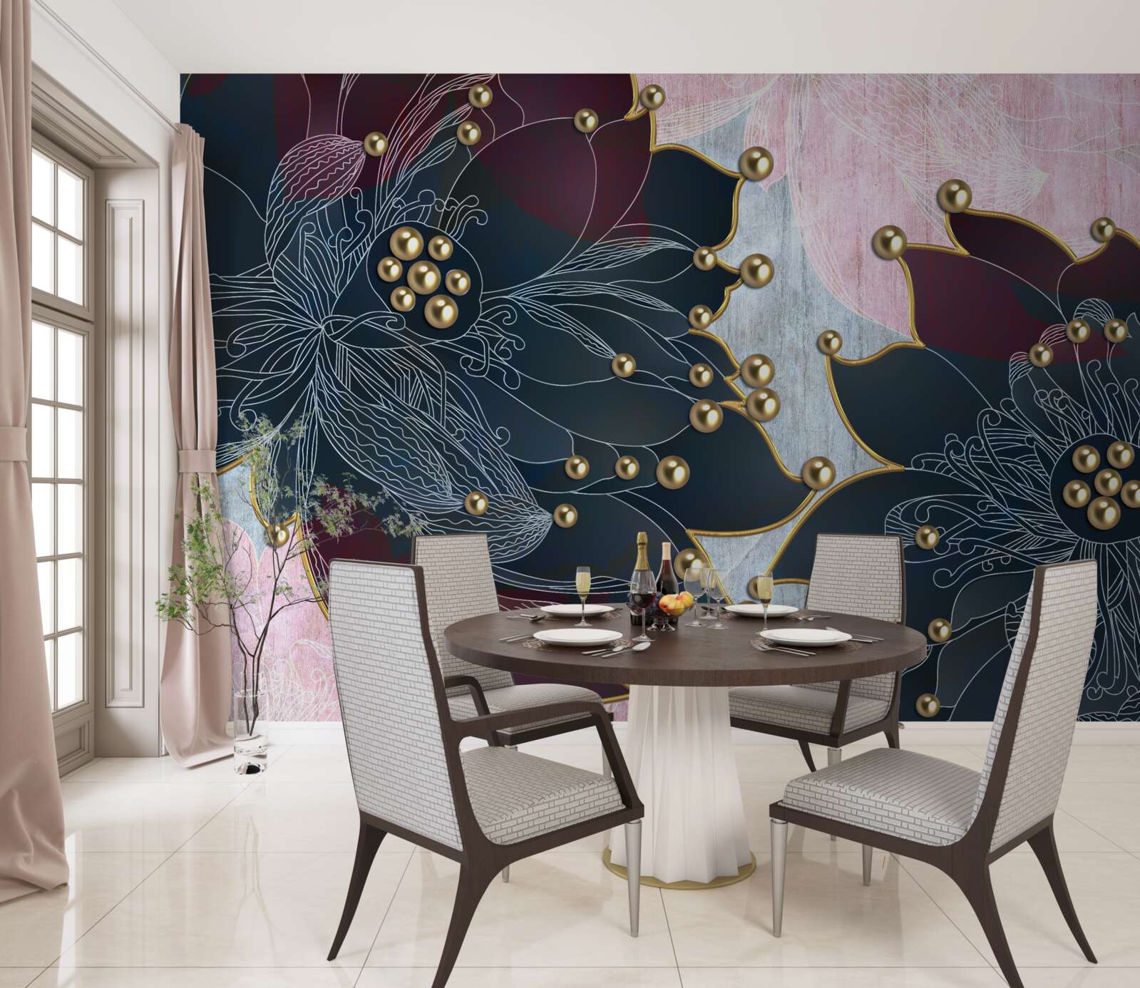 Papier peint fleur de nuit de couleur bleu-marron