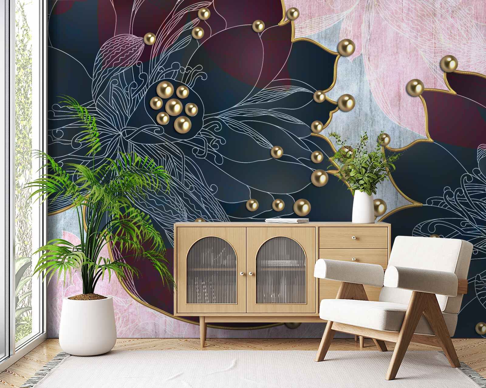 Papier peint fleur de nuit de couleur bleu-marron