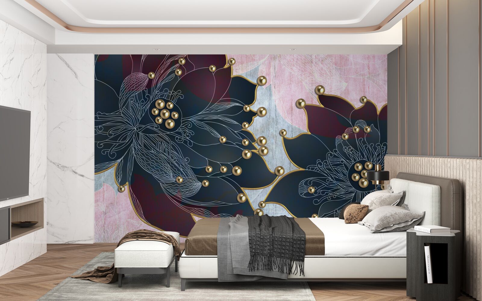 Papier peint fleur de nuit de couleur bleu-marron