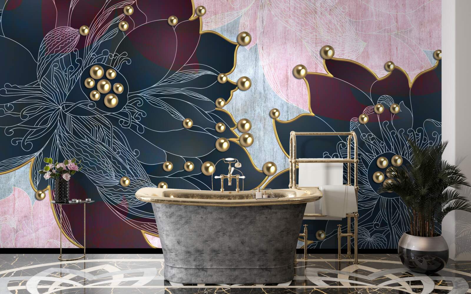 Papier peint fleur de nuit de couleur bleu-marron