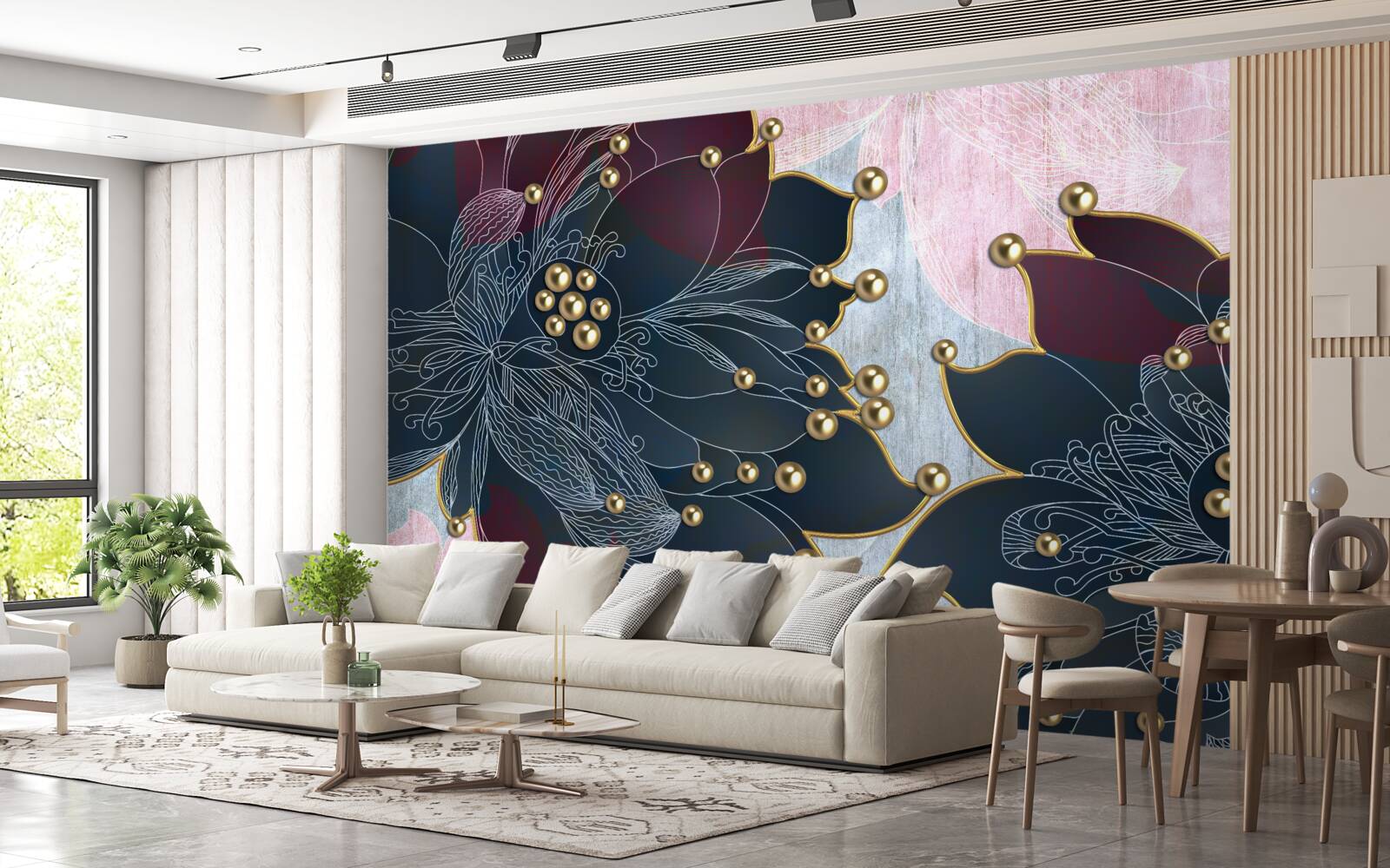 Papier peint fleur de nuit de couleur bleu-marron