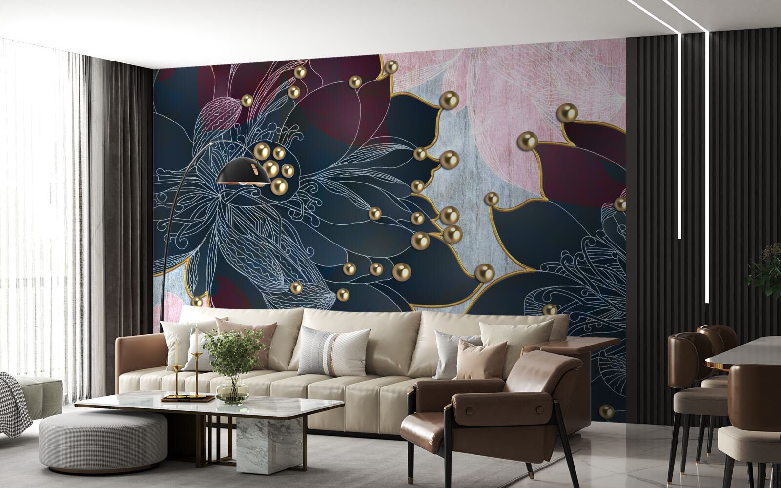 Papier peint fleur de nuit de couleur bleu-marron