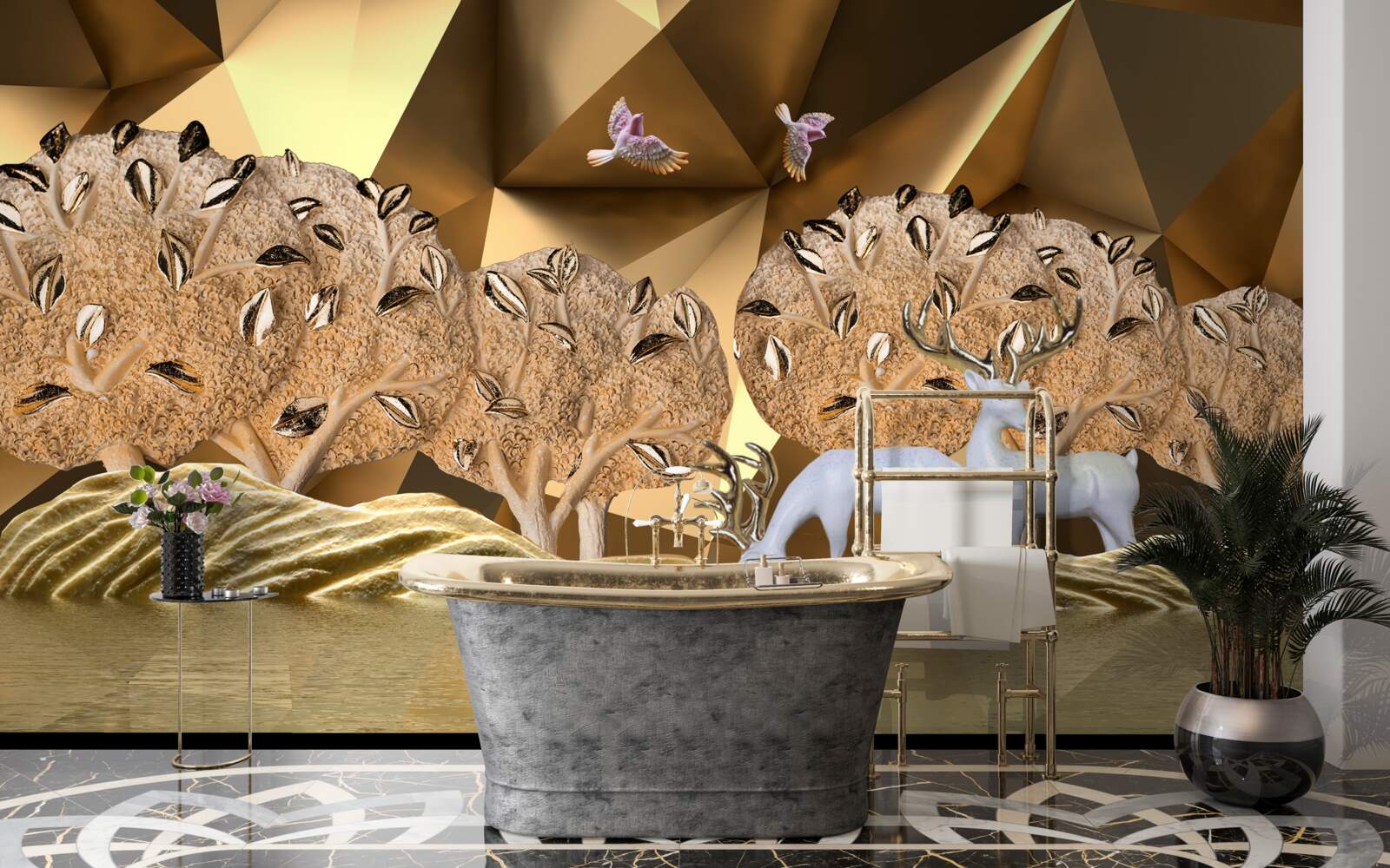 Papier peint chevaux à un point d'eau en forêt