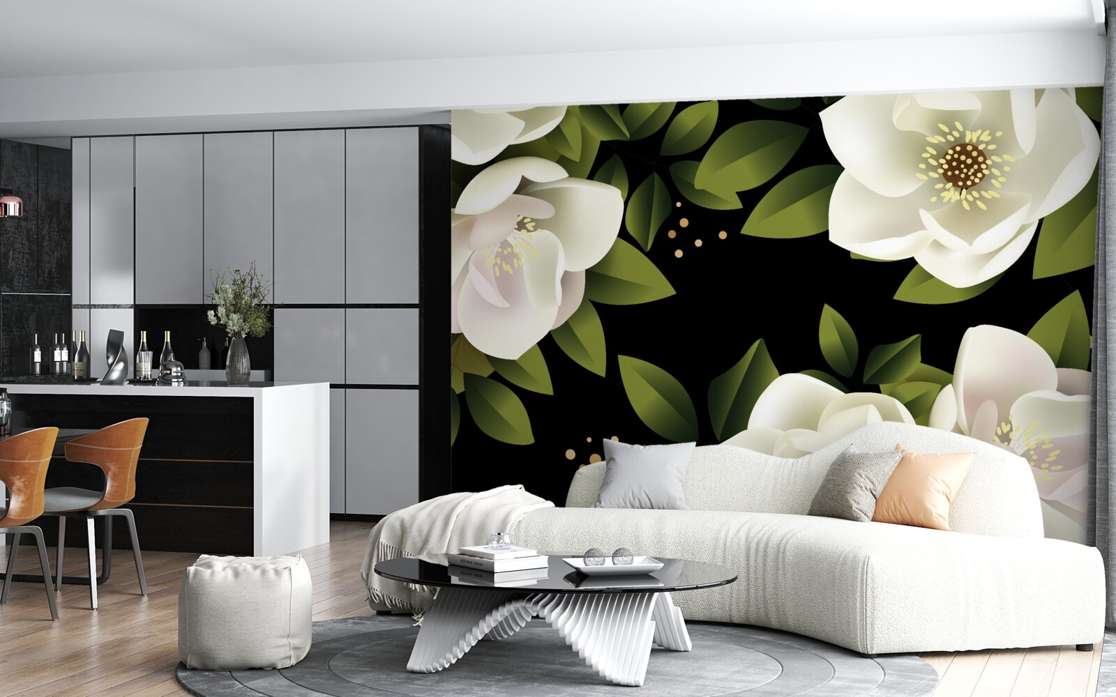 Papier peint un fond noir entoure des fleurs blanches