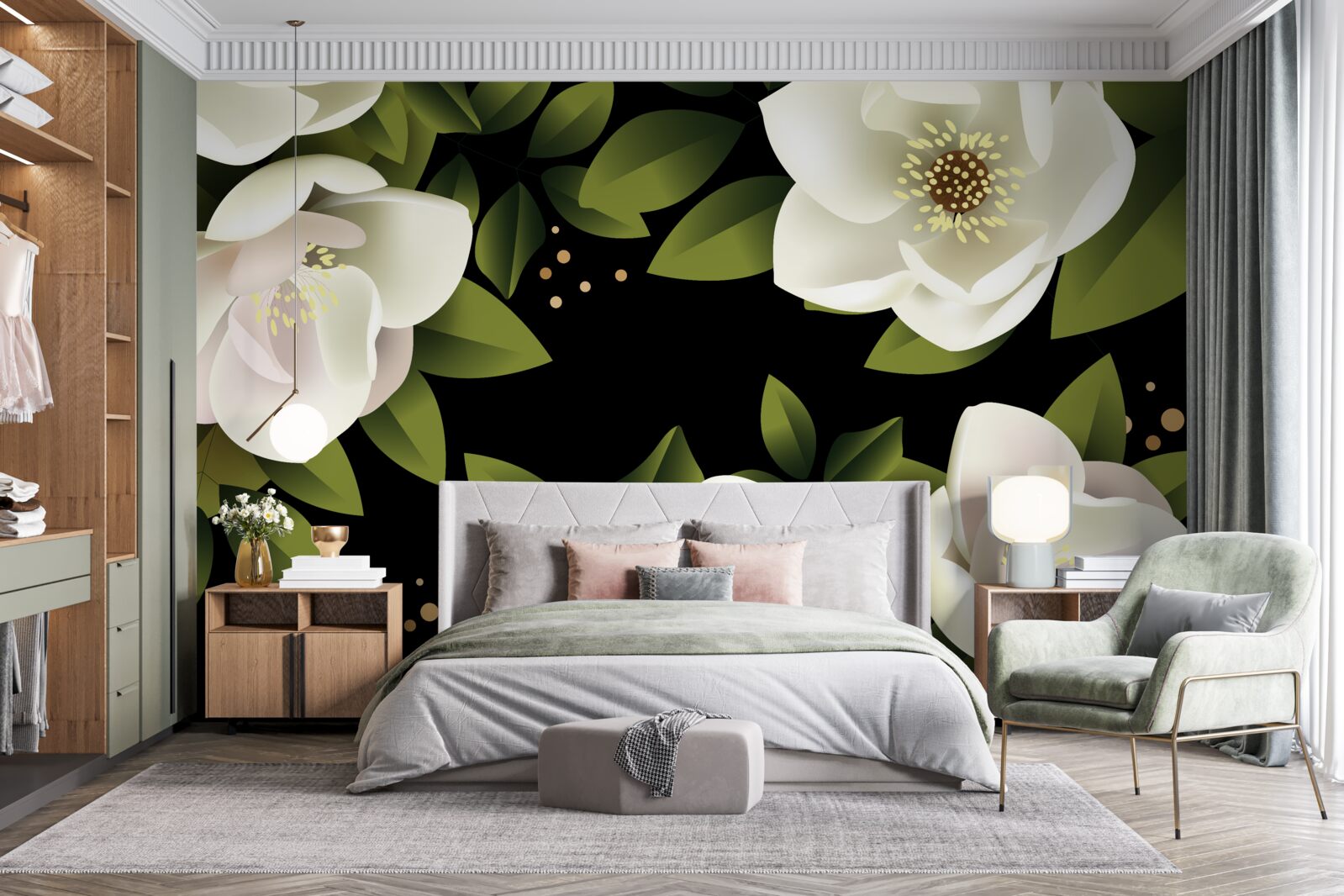 Papier peint un fond noir entoure des fleurs blanches