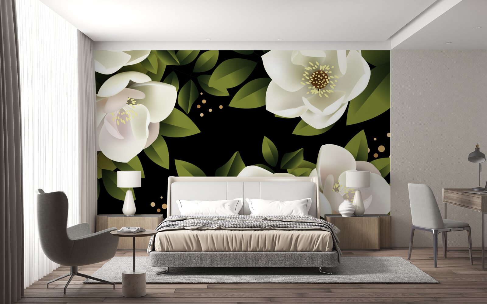 Papier peint un fond noir entoure des fleurs blanches