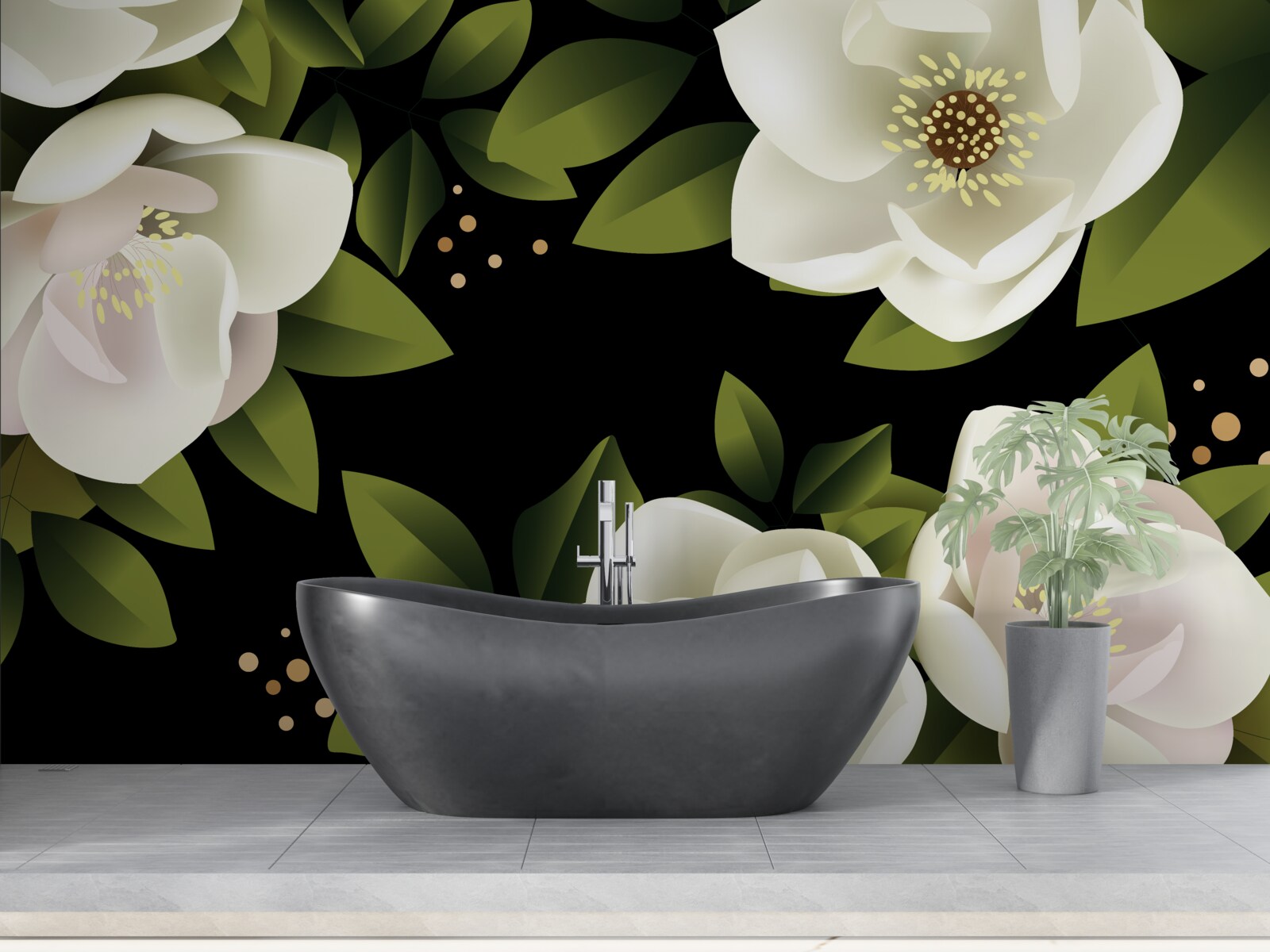 Papier peint un fond noir entoure des fleurs blanches