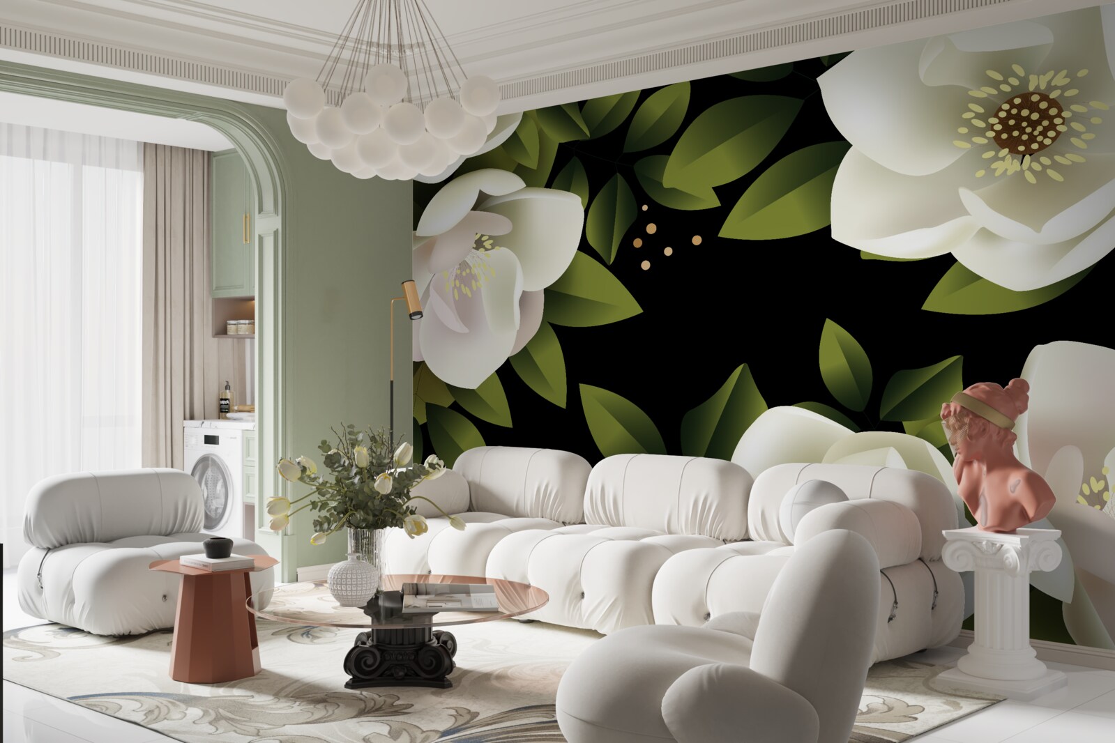 Papier peint un fond noir entoure des fleurs blanches