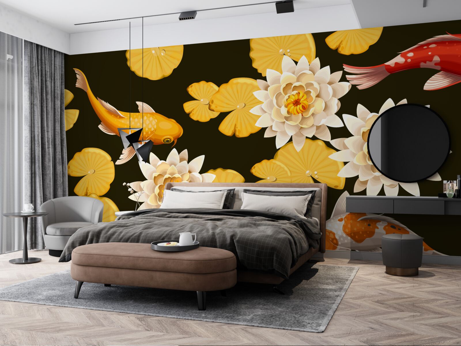 Papier peint le lac d'automne est décoré de lotus en fleurs