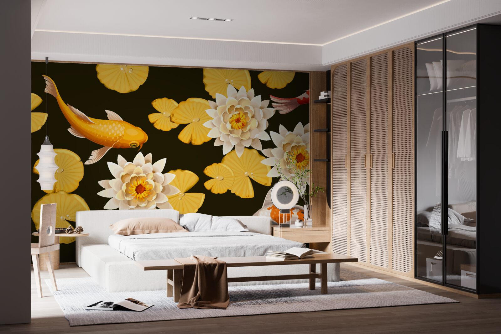 Papier peint le lac d'automne est décoré de lotus en fleurs