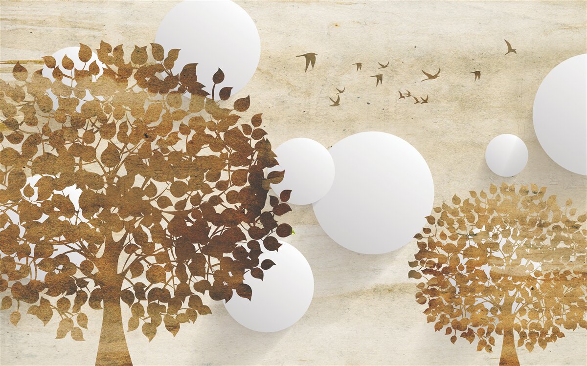 Papier peint cercles blancs et arbres dans un coucher de soleil d'automne