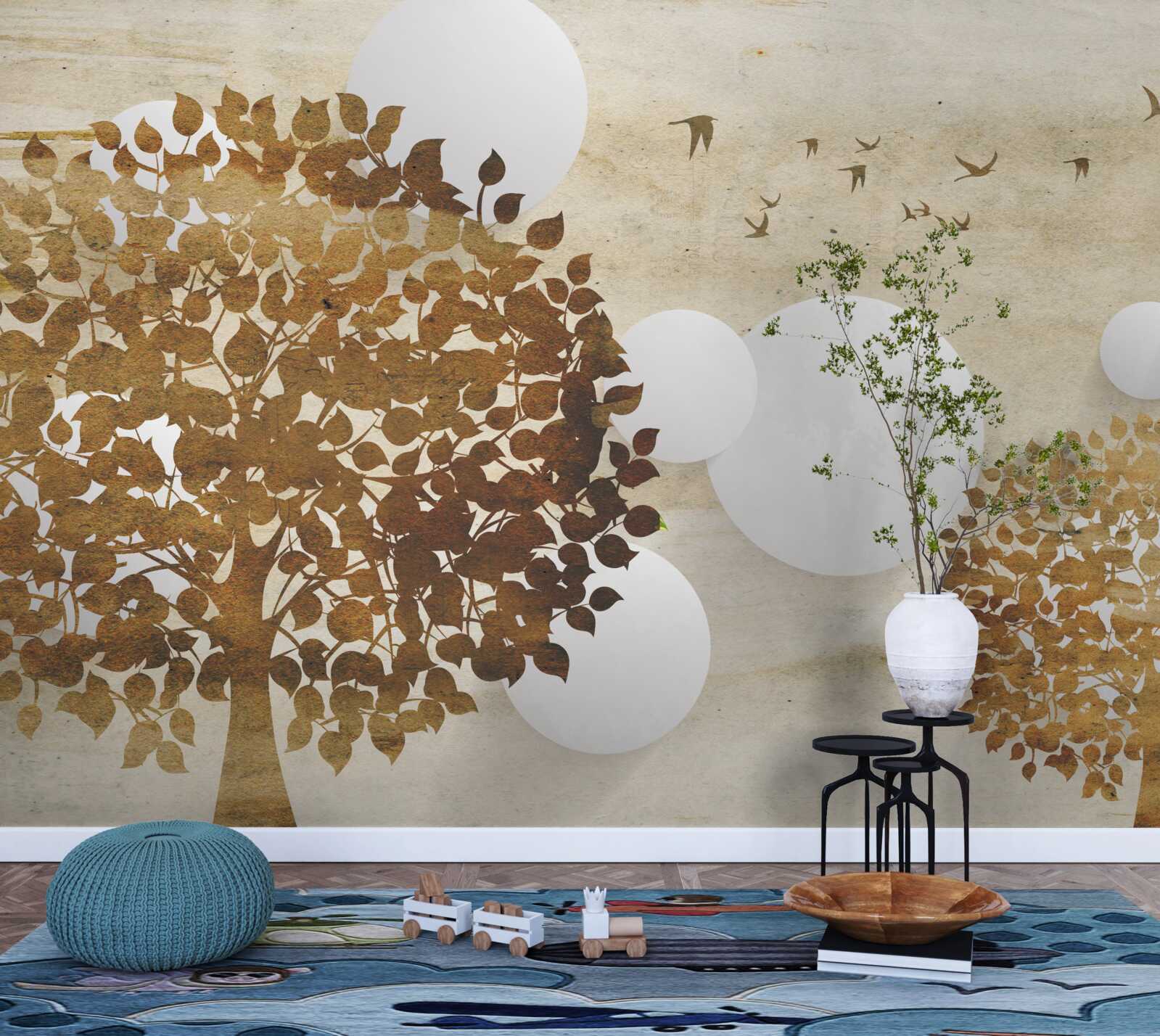 Papier peint cercles blancs et arbres dans un coucher de soleil d'automne