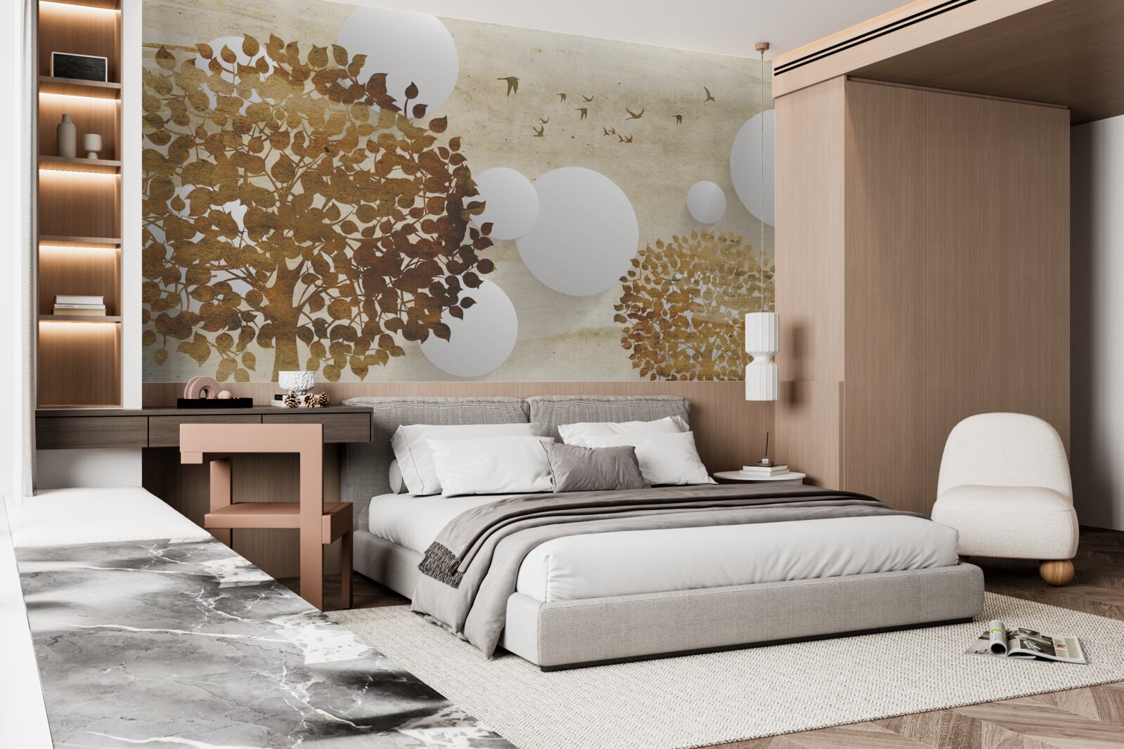 Papier peint cercles blancs et arbres dans un coucher de soleil d'automne