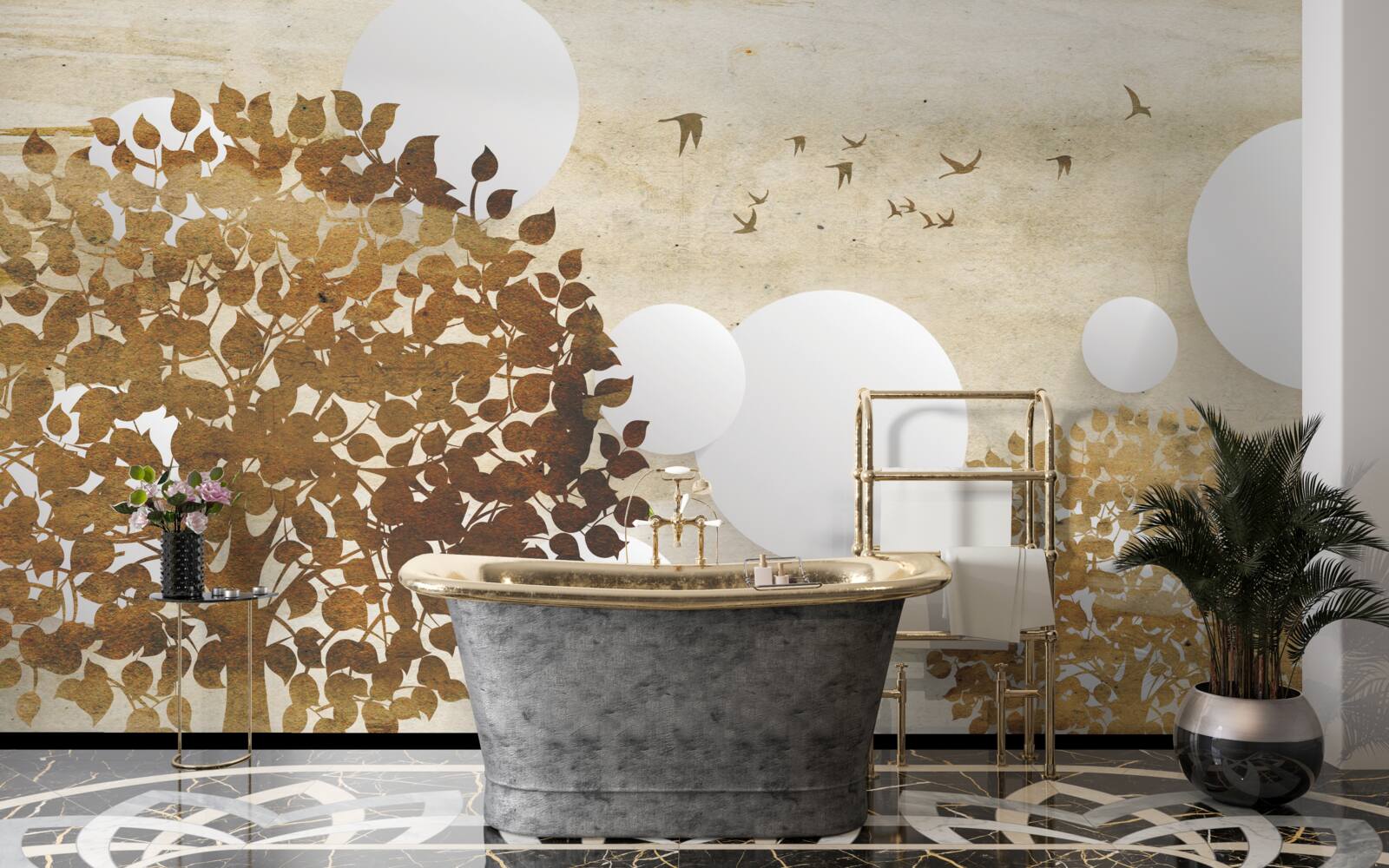 Papier peint cercles blancs et arbres dans un coucher de soleil d'automne