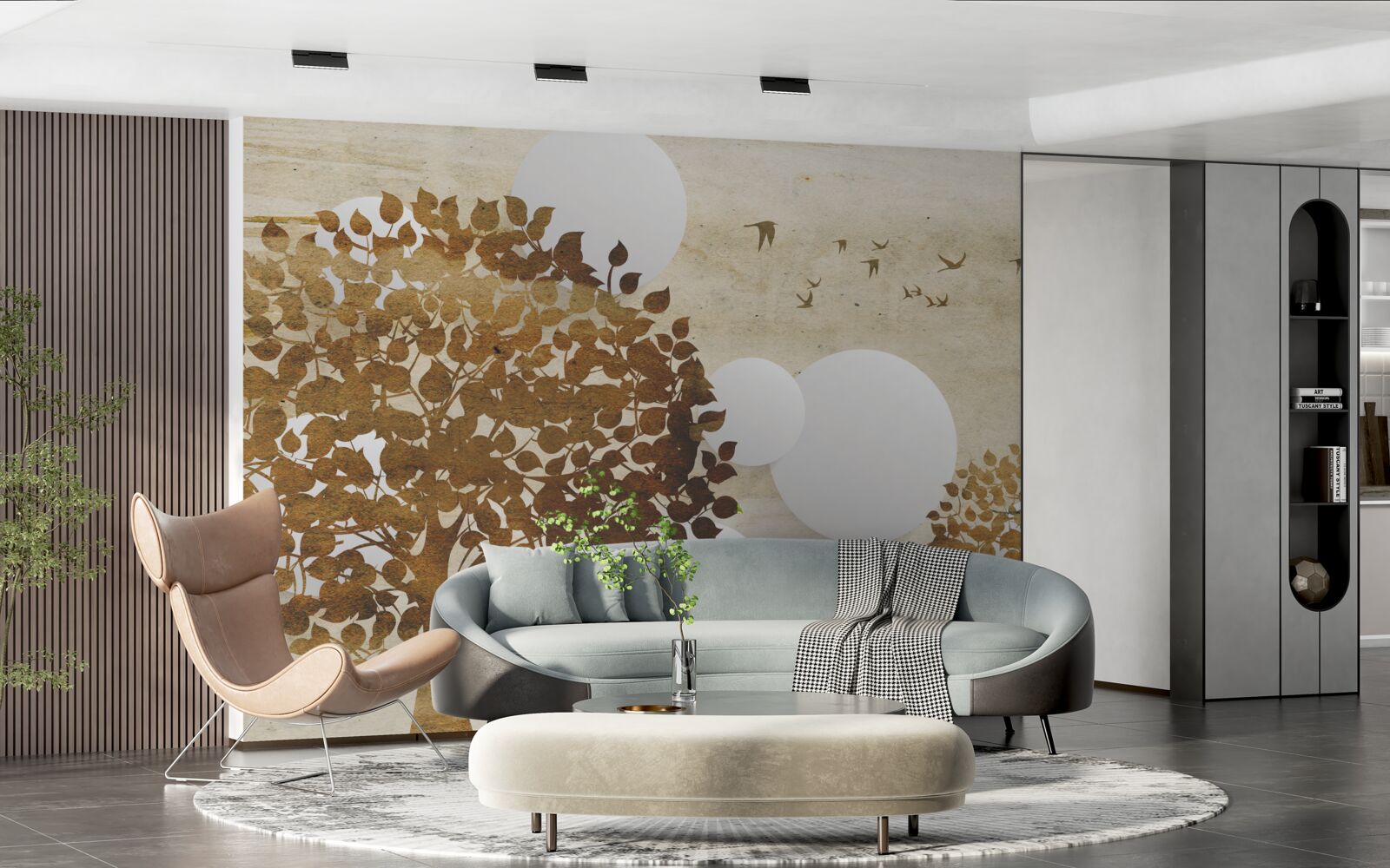 Papier peint cercles blancs et arbres dans un coucher de soleil d'automne