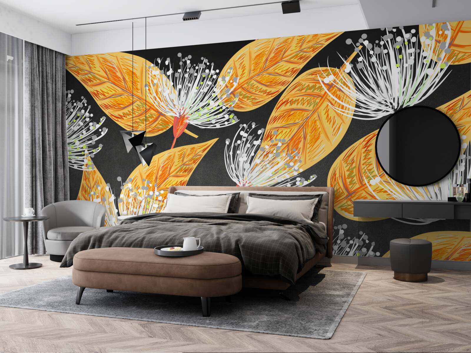 Papier peint feuilles d'automne avec pissenlits