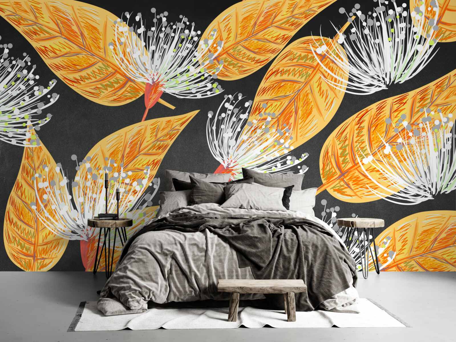 Papier peint feuilles d'automne avec pissenlits