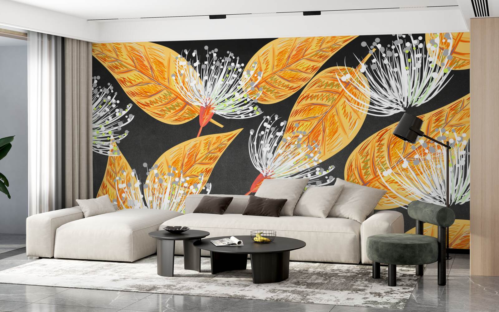 Papier peint feuilles d'automne avec pissenlits