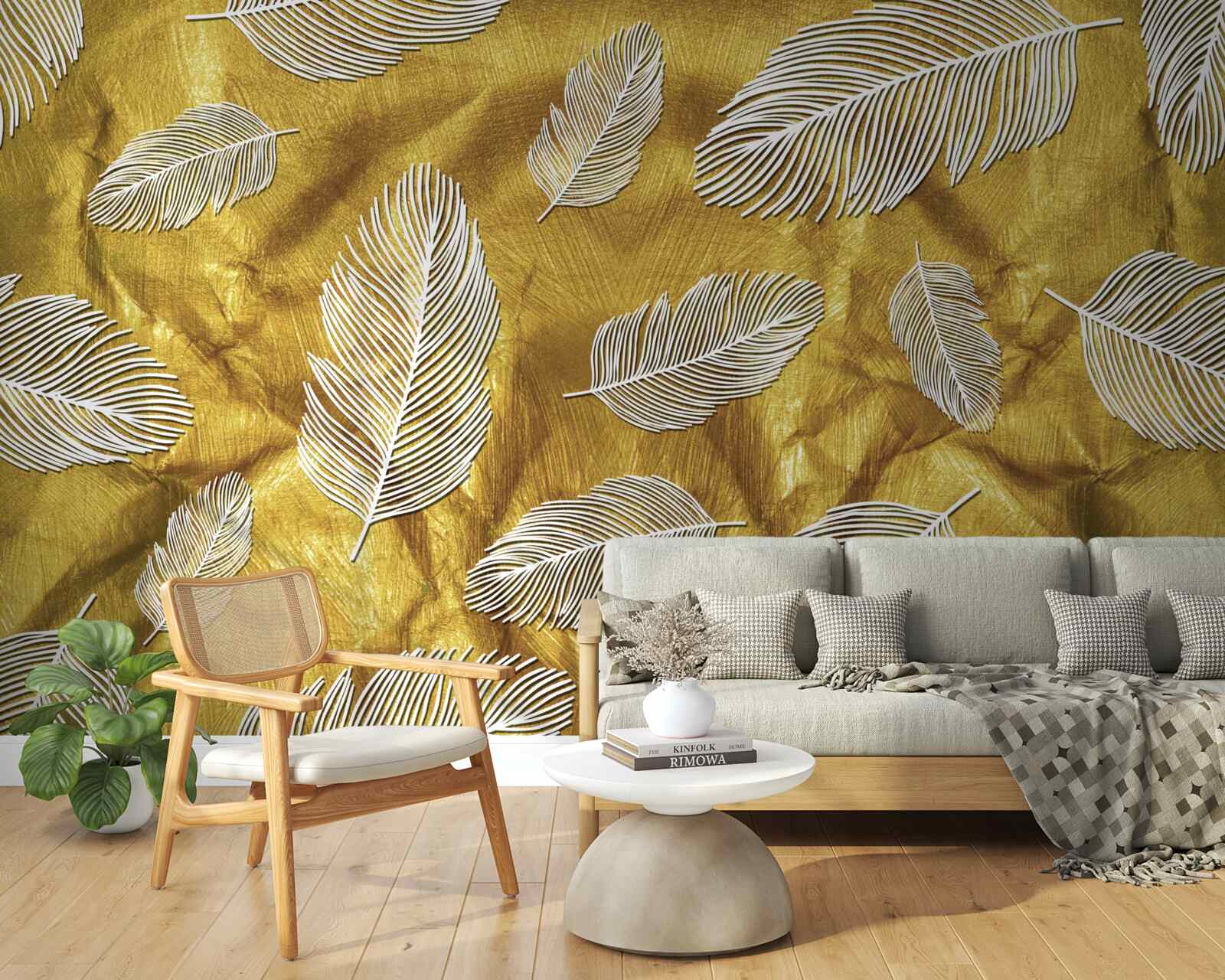 Papier peint fines plumes blanches sur fond d'or