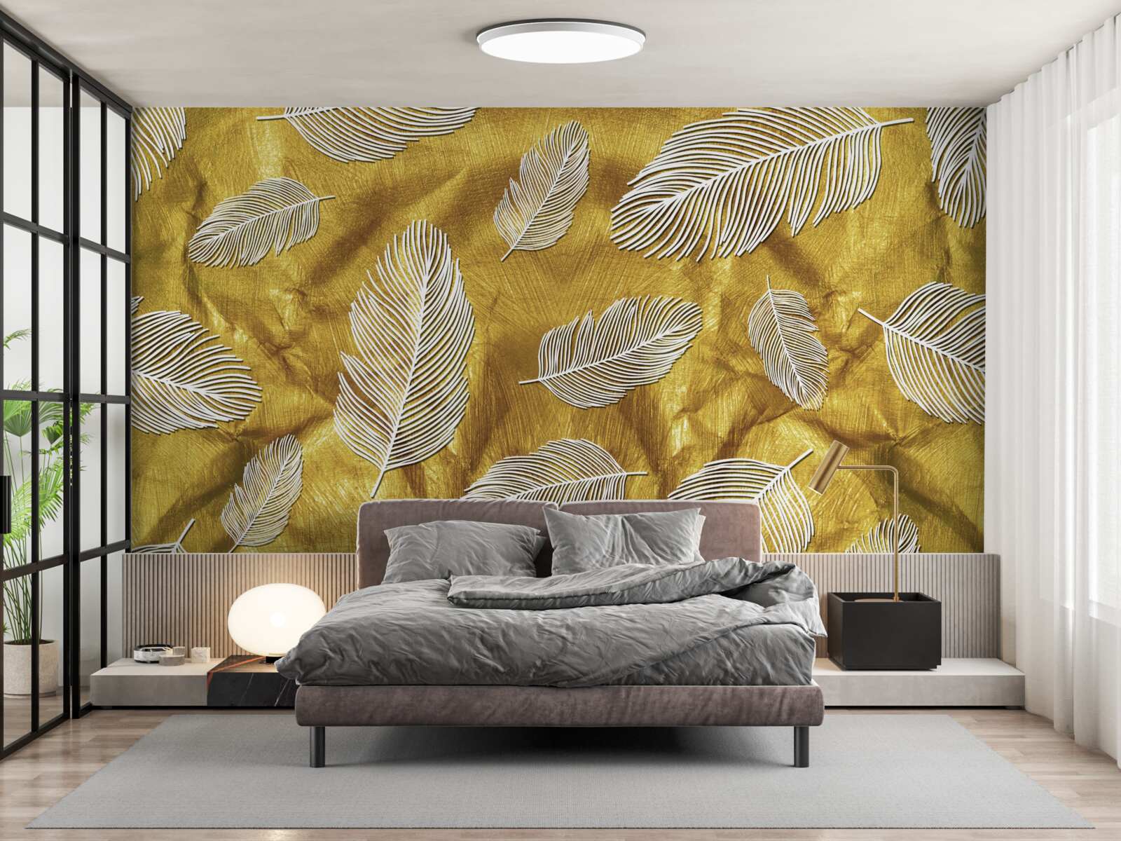 Papier peint fines plumes blanches sur fond d'or