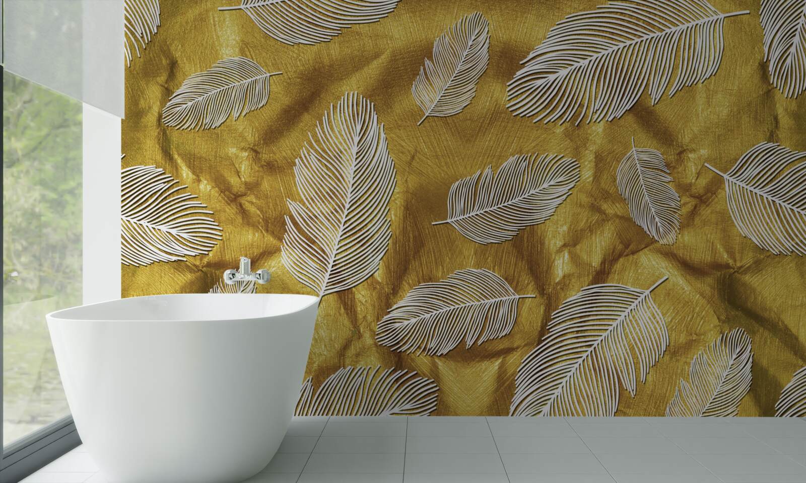 Papier peint fines plumes blanches sur fond d'or