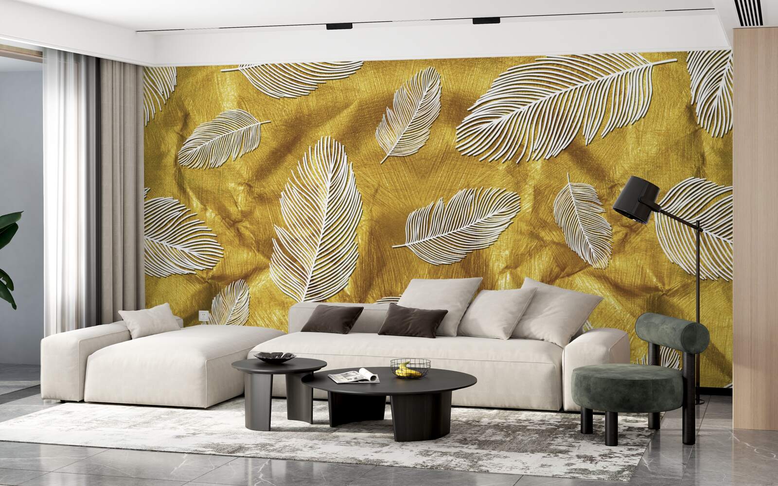 Papier peint fines plumes blanches sur fond d'or