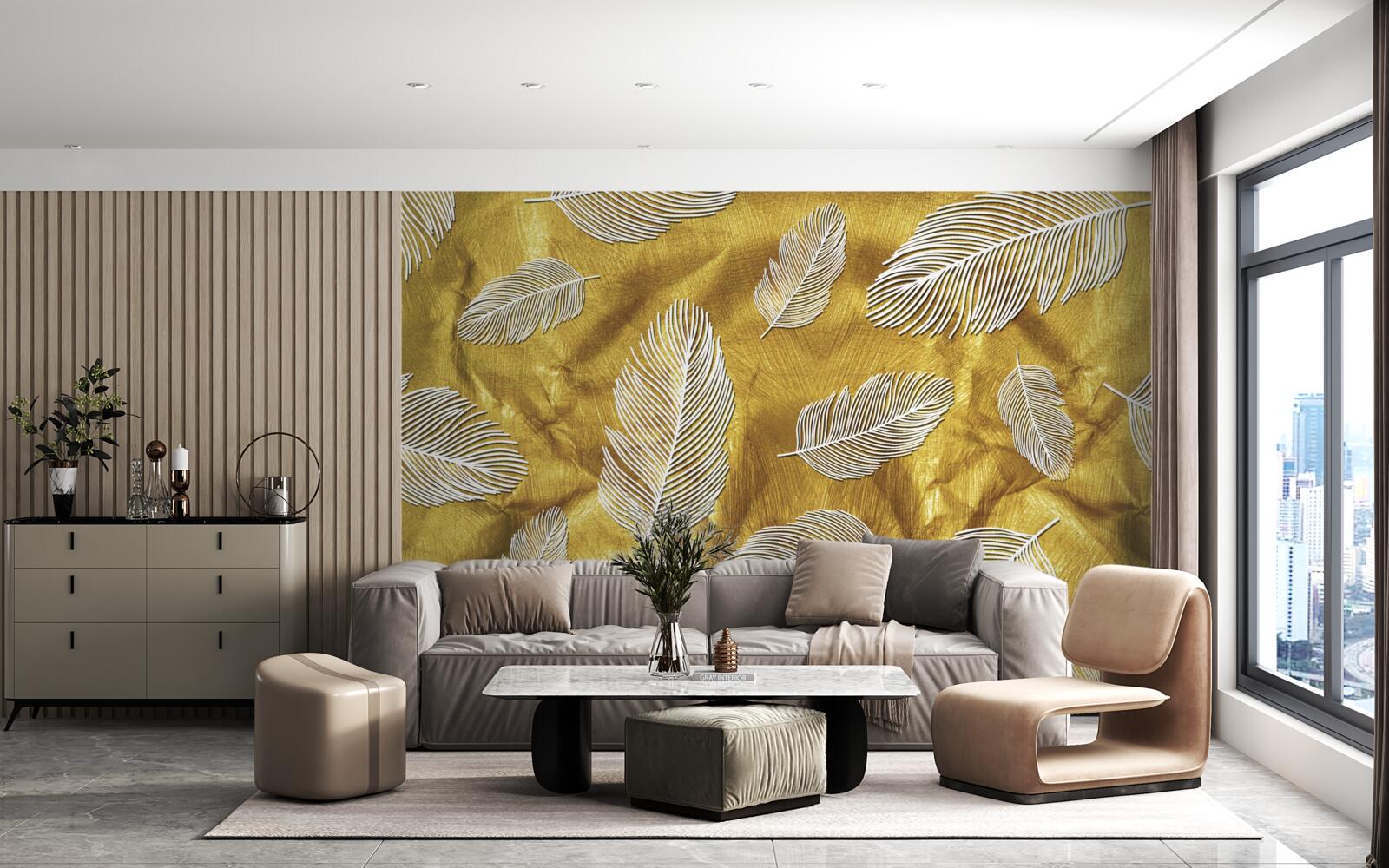 Papier peint fines plumes blanches sur fond d'or