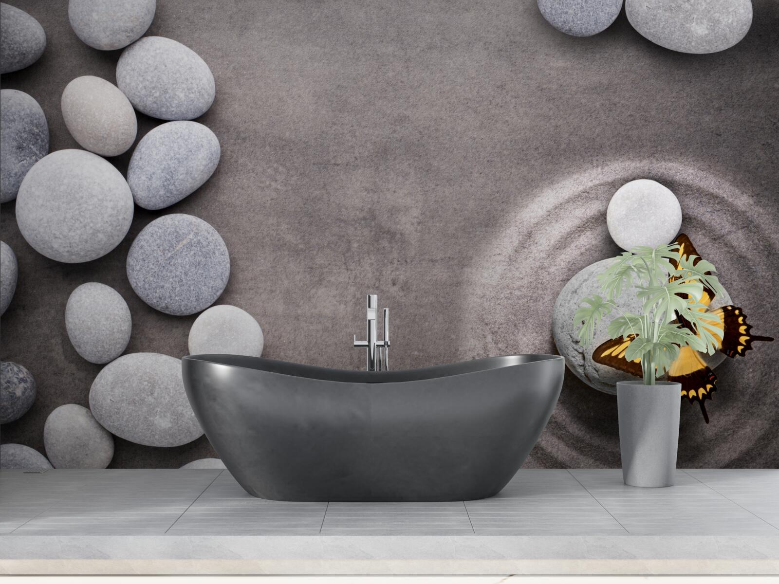 Papier peint papillon assis sur une pierre au bord d'un étang