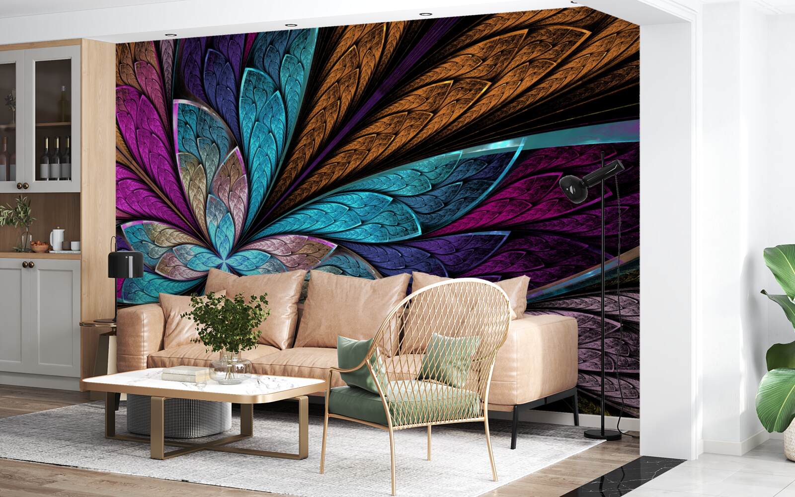 Papier peint mosaïque de pétales de fleurs créant un effet de vitrail