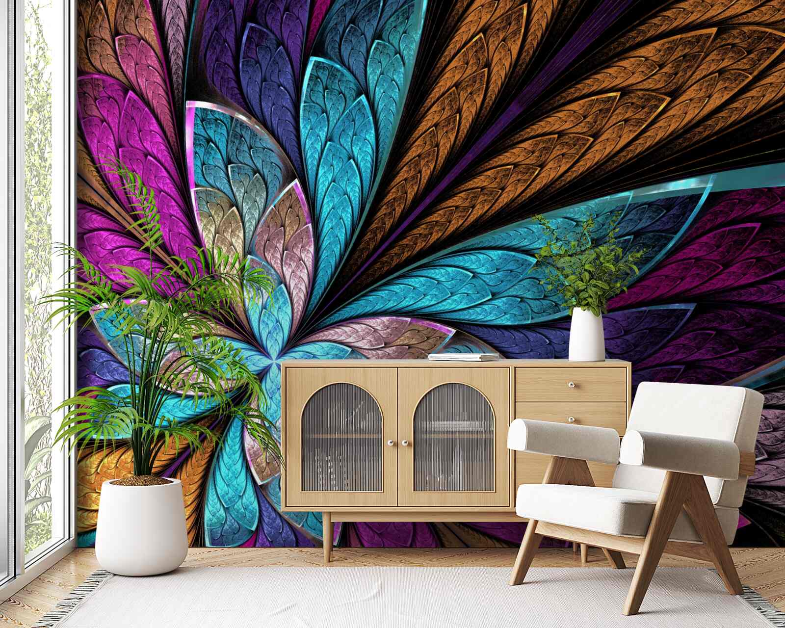 Papier peint mosaïque de pétales de fleurs créant un effet de vitrail