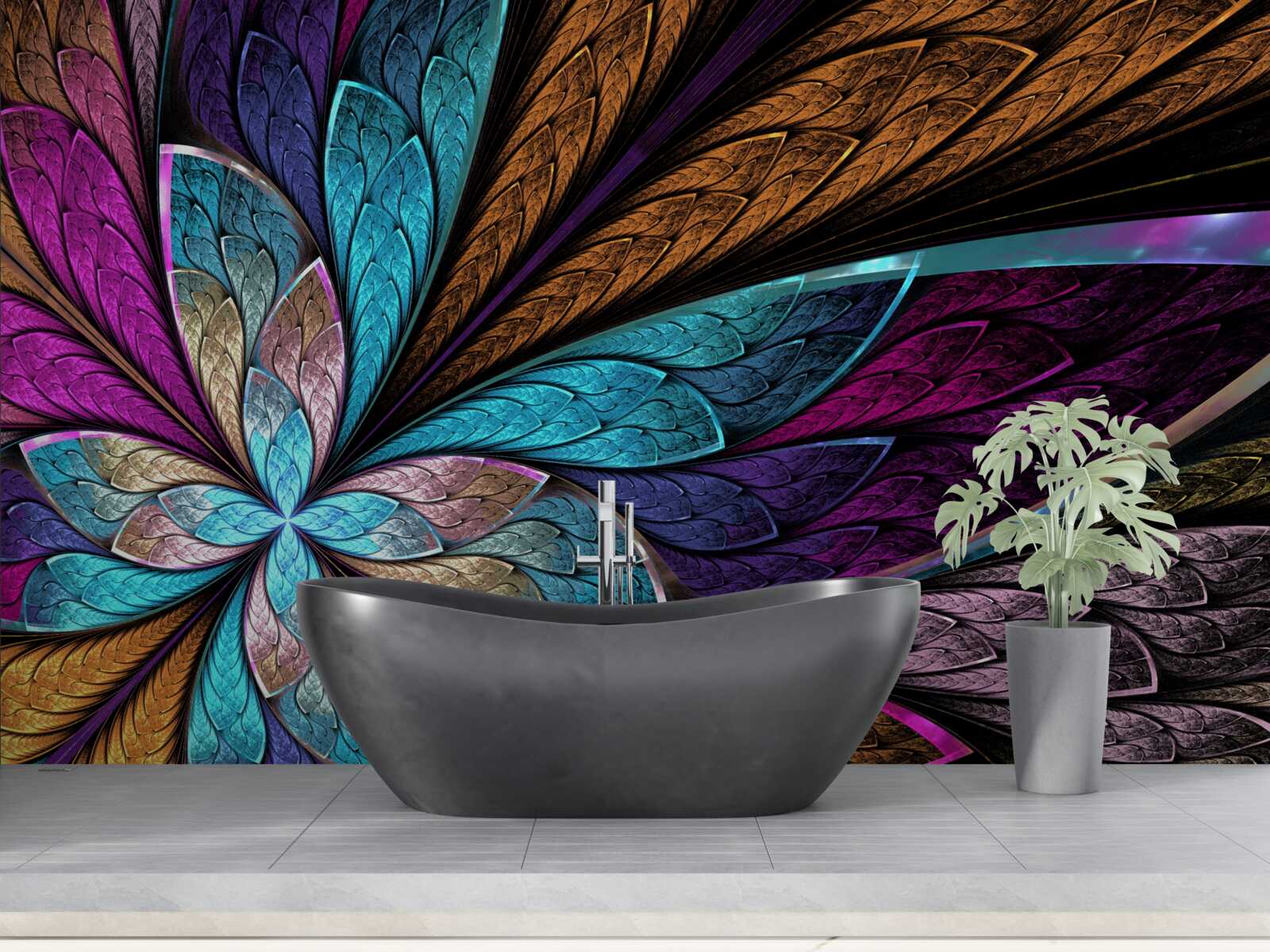 Papier peint mosaïque de pétales de fleurs créant un effet de vitrail