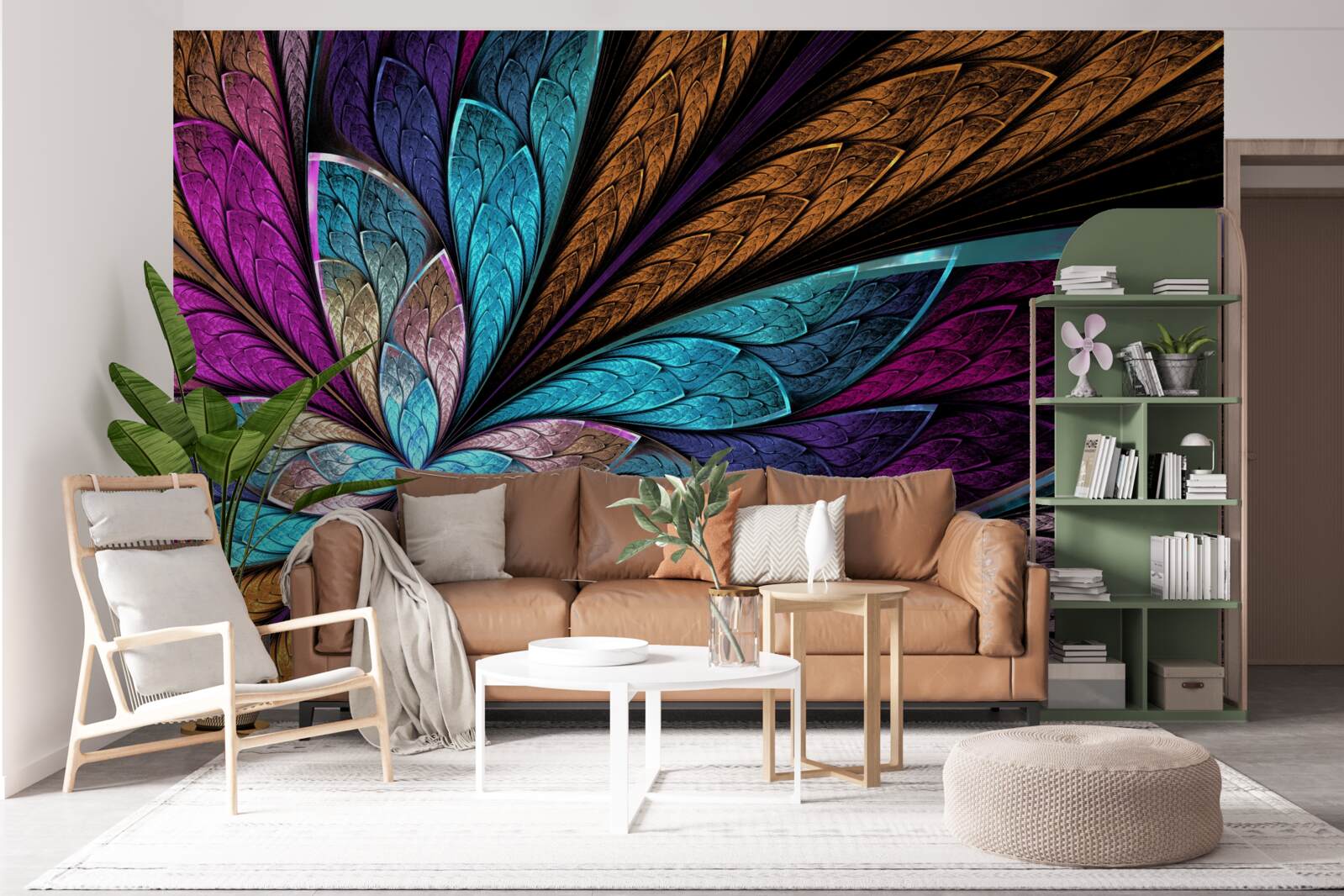 Papier peint mosaïque de pétales de fleurs créant un effet de vitrail