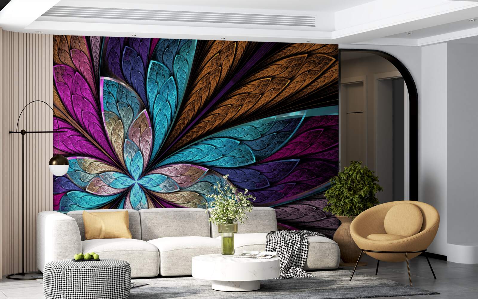 Papier peint mosaïque de pétales de fleurs créant un effet de vitrail