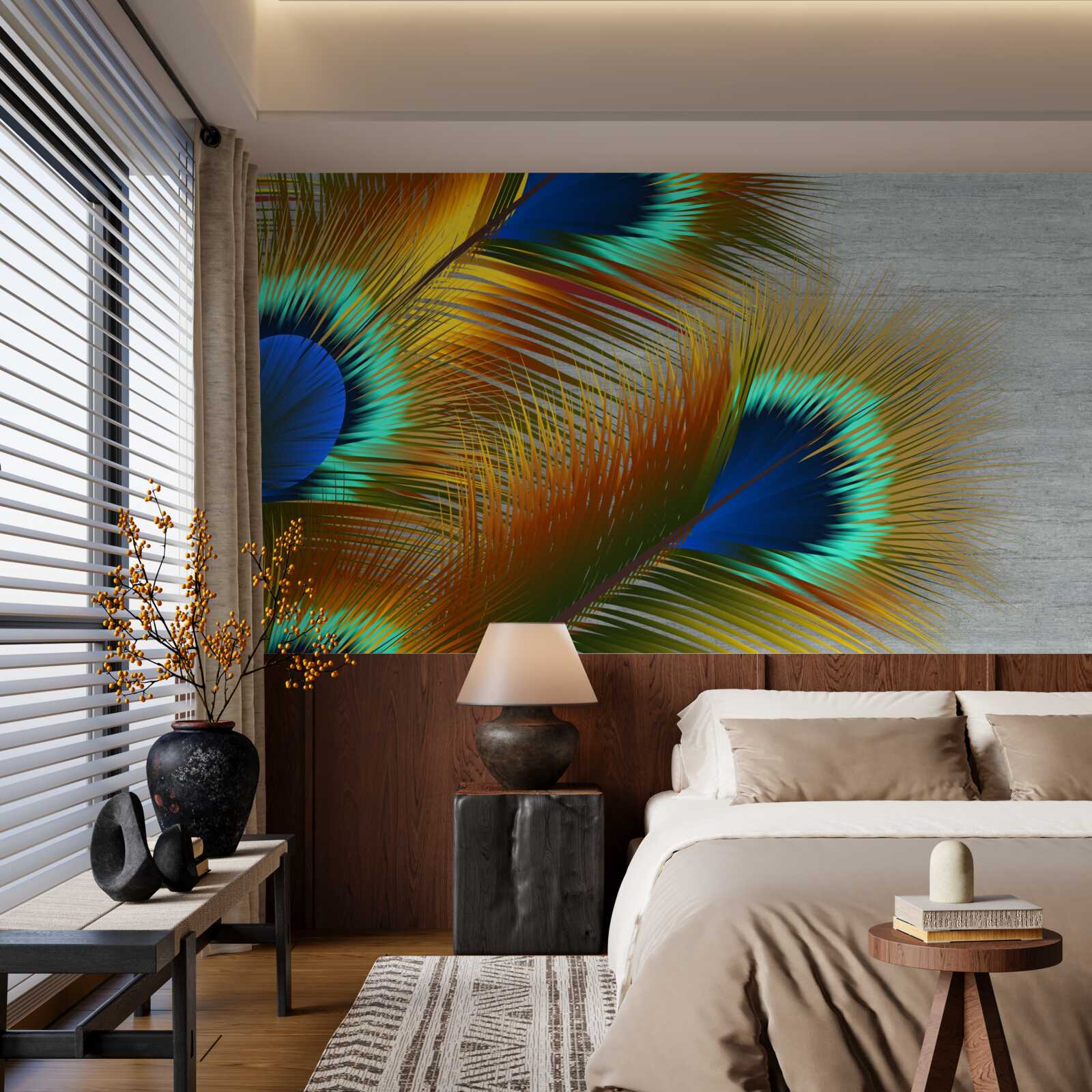 Papier peint plumes de paon luxuriantes