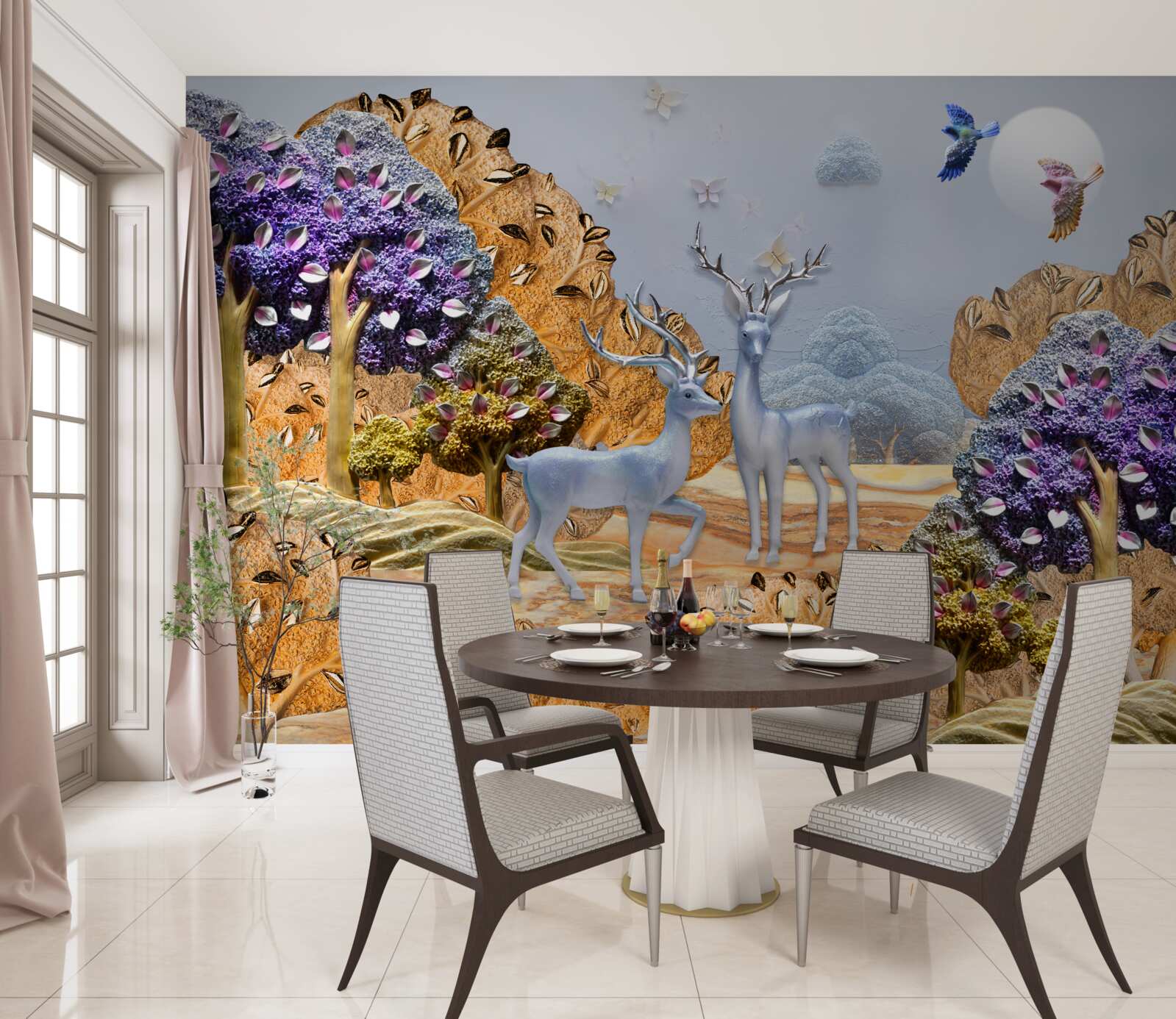 Papier peint forêt du soir en automne et deux cerfs