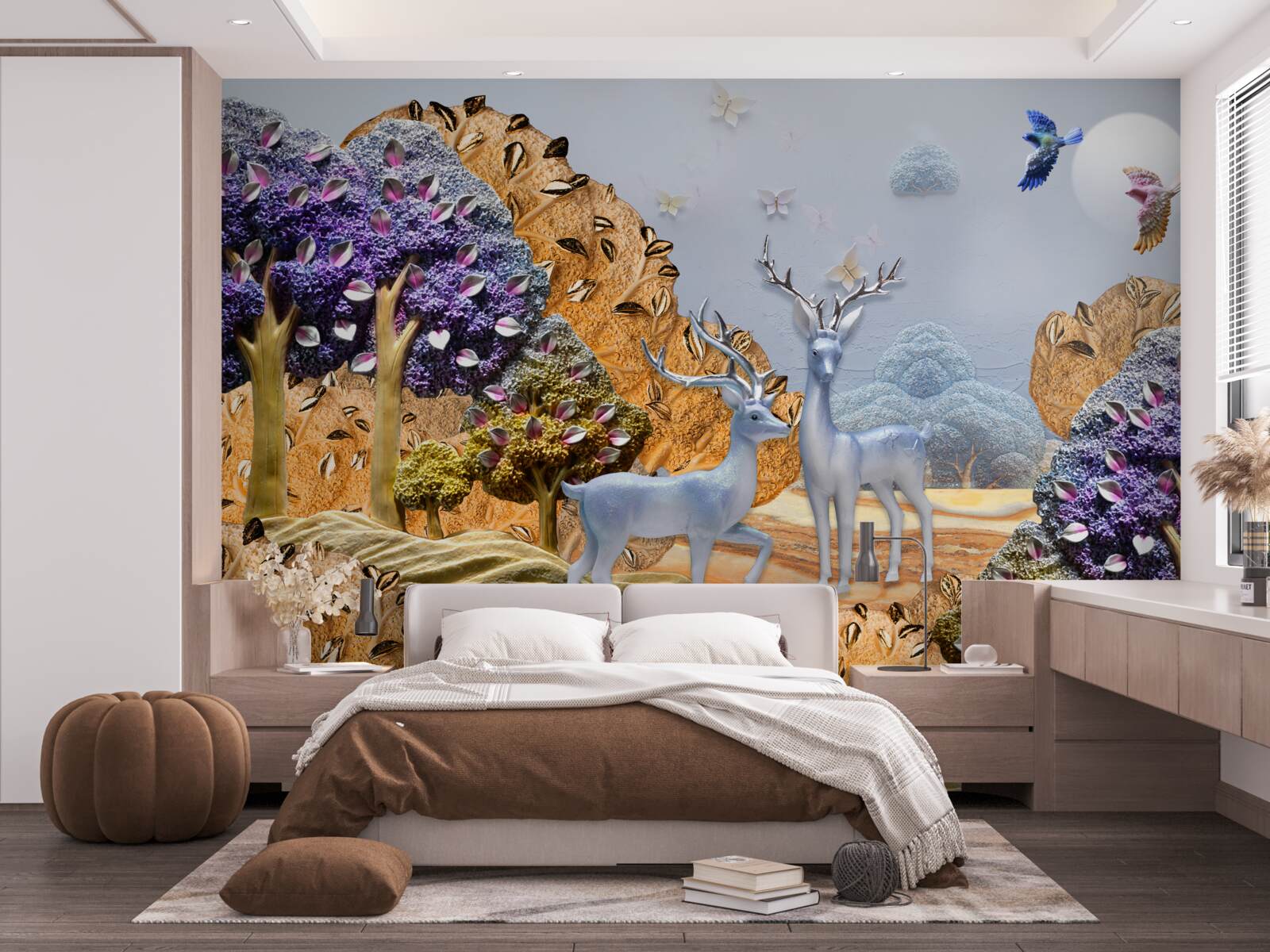 Papier peint forêt du soir en automne et deux cerfs