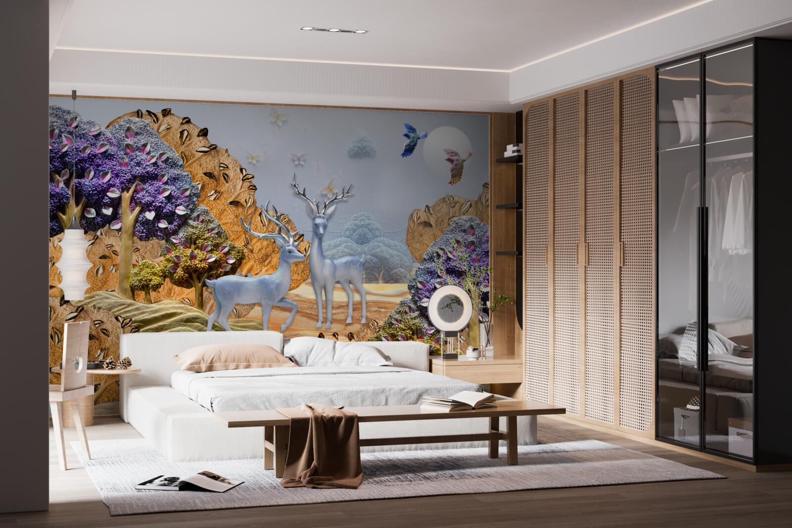 Papier peint forêt du soir en automne et deux cerfs