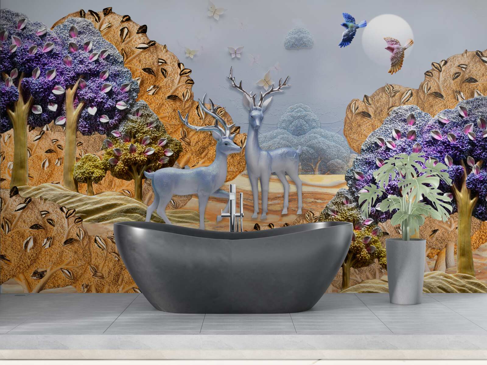 Papier peint forêt du soir en automne et deux cerfs