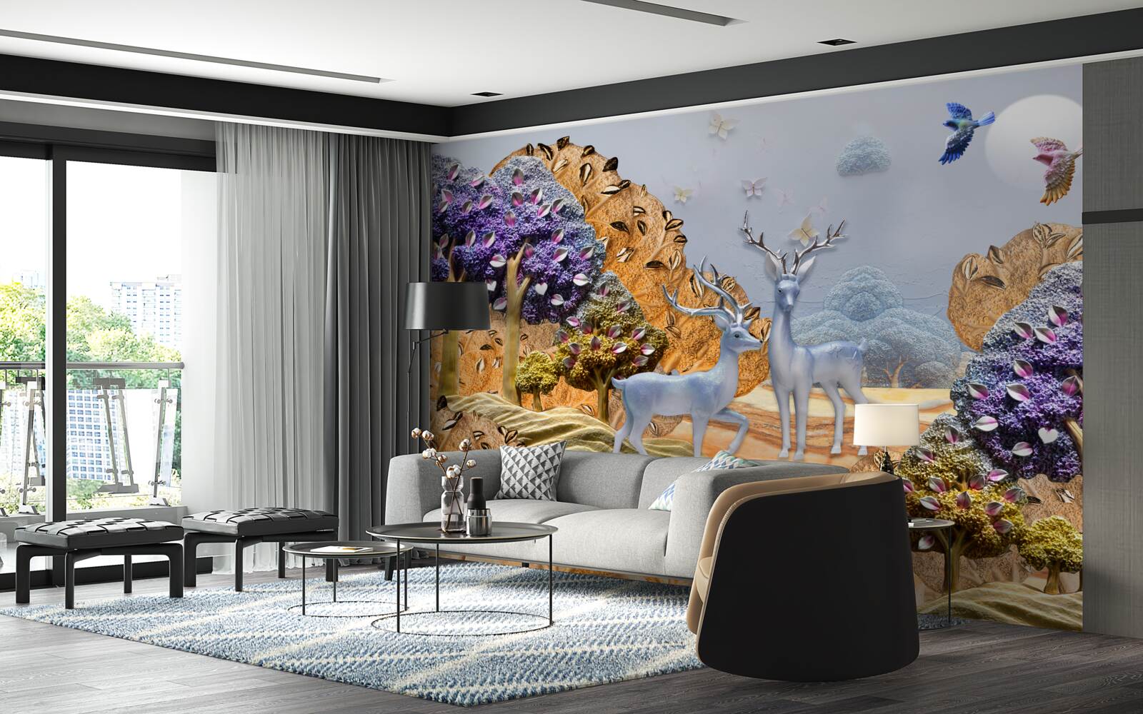 Papier peint forêt du soir en automne et deux cerfs