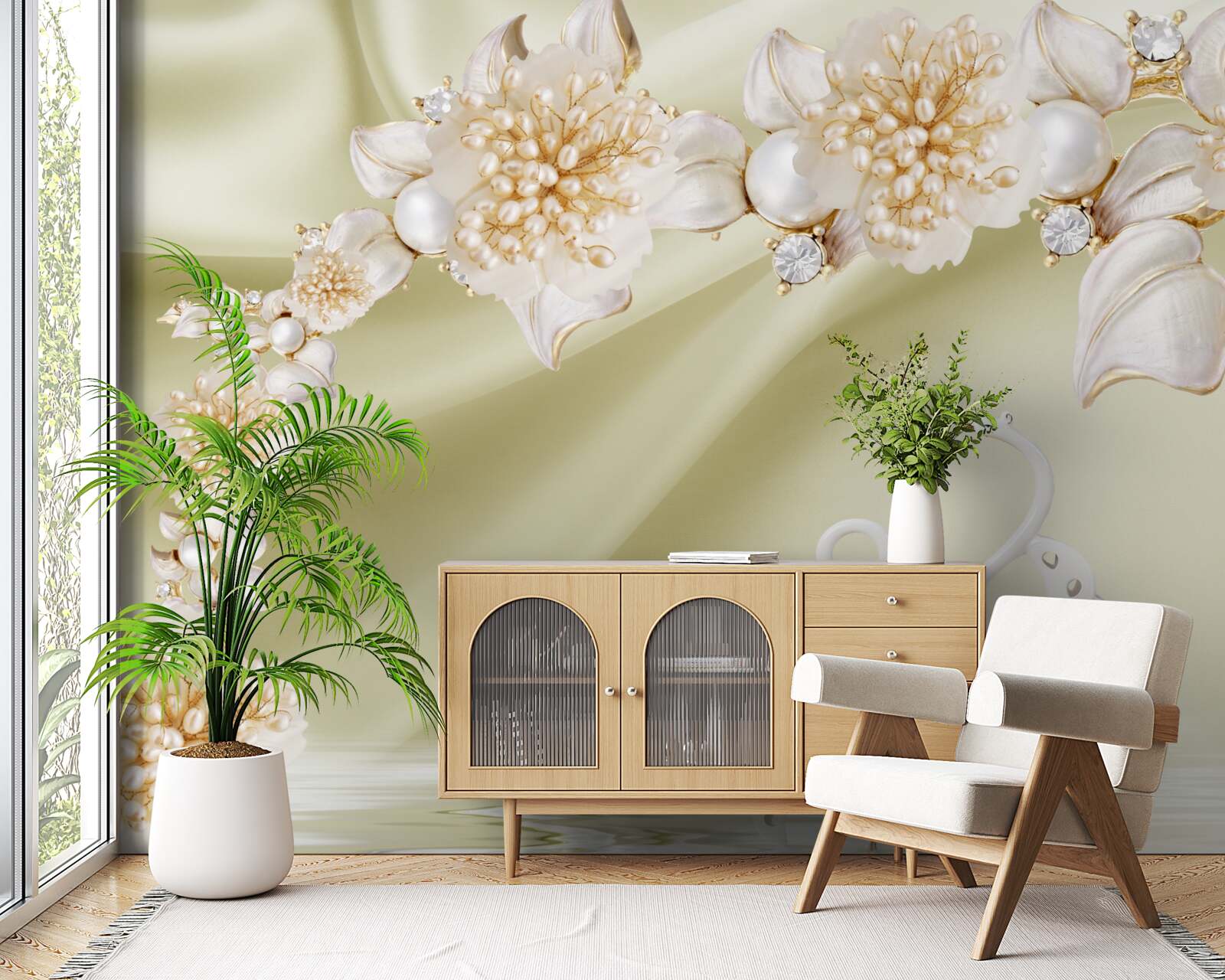 Papier peint les bourgeons décorés d'or et de perles s'épanouissent