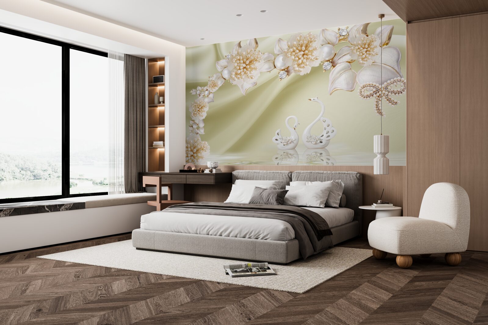 Papier peint les bourgeons décorés d'or et de perles s'épanouissent