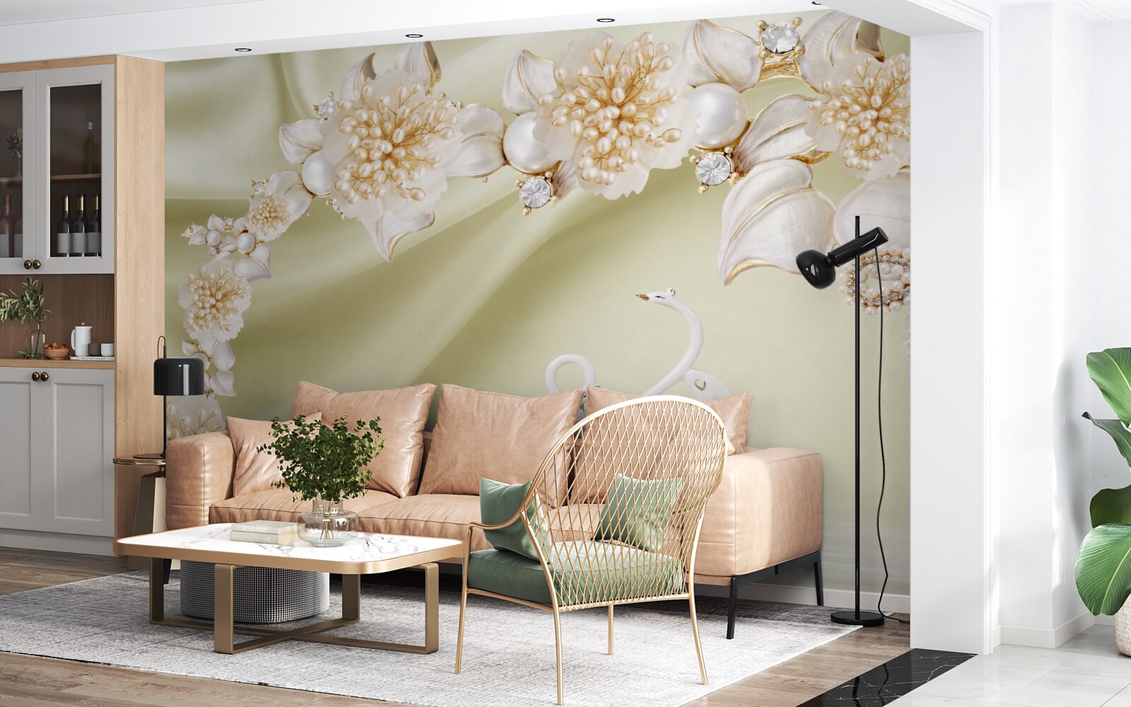 Papier peint les bourgeons décorés d'or et de perles s'épanouissent