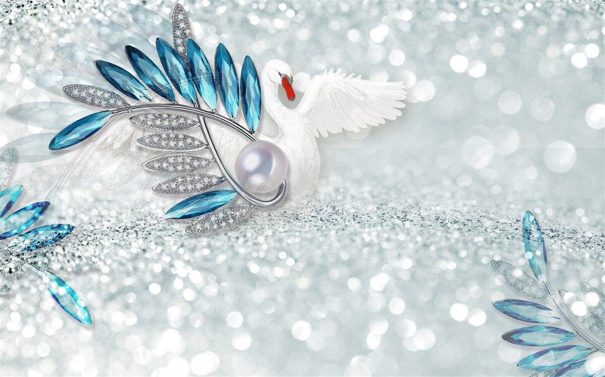 Papier peint bijoux en nacre et cygne blanc