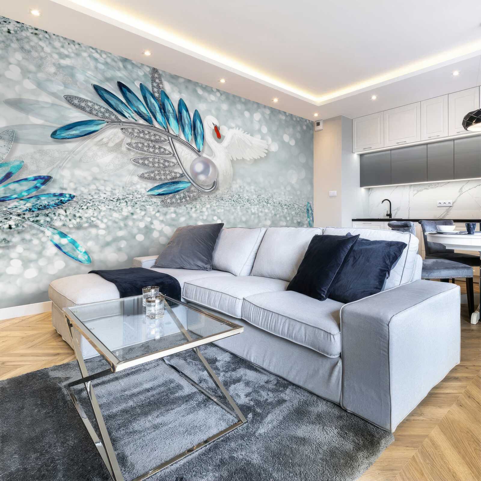 Papier peint bijoux en nacre et cygne blanc