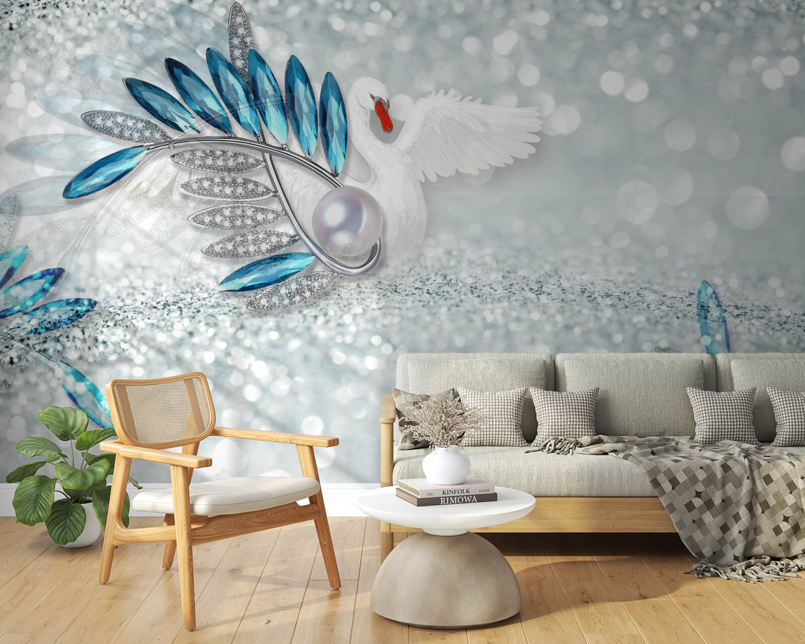 Papier peint bijoux en nacre et cygne blanc