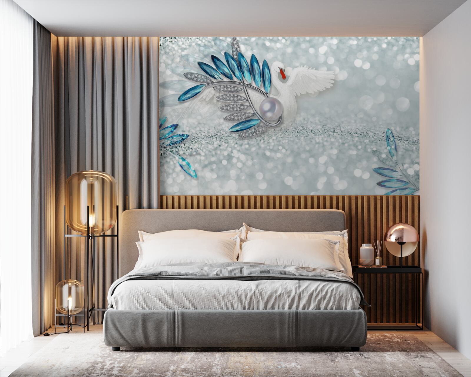 Papier peint bijoux en nacre et cygne blanc