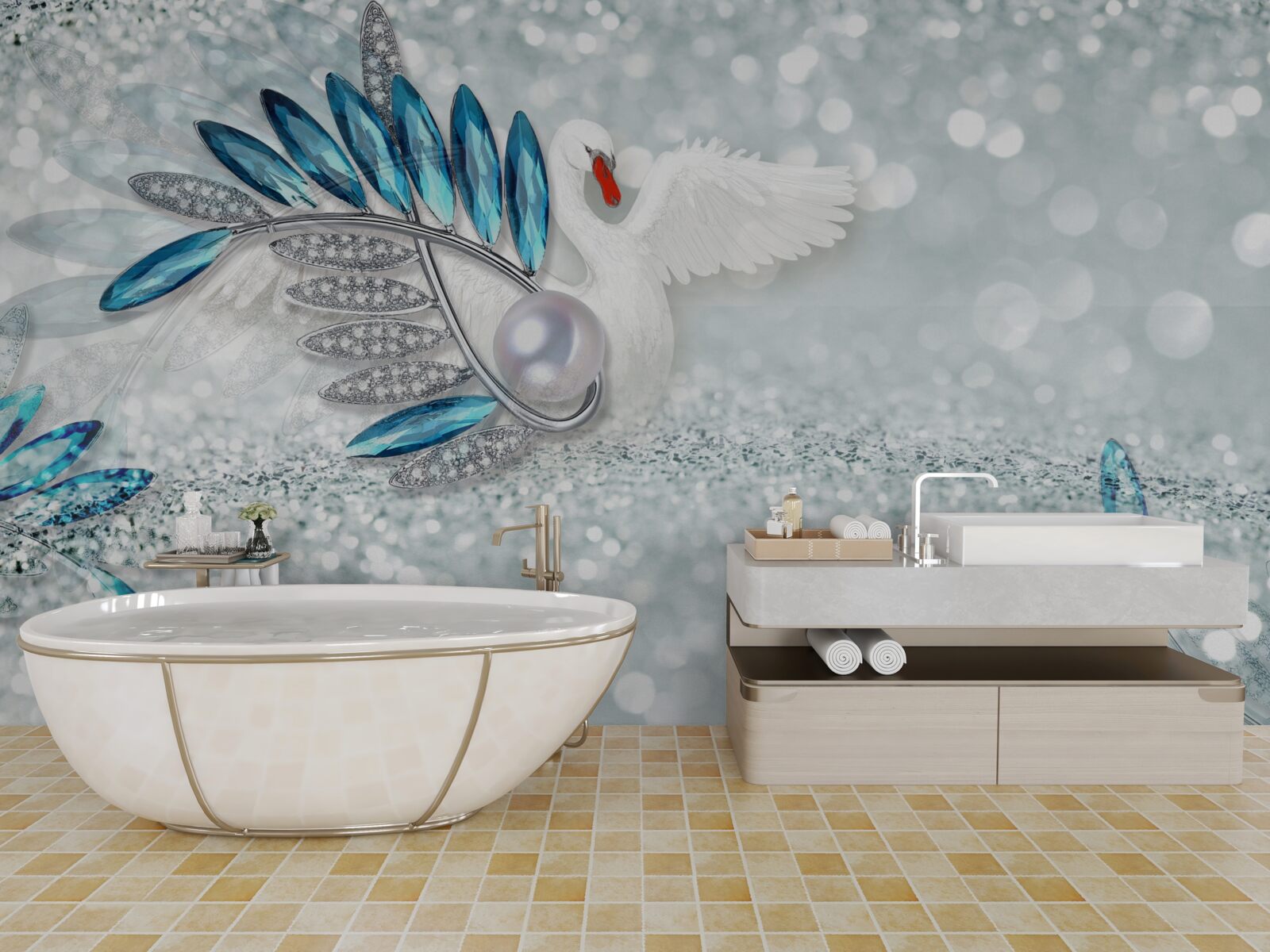 Papier peint bijoux en nacre et cygne blanc