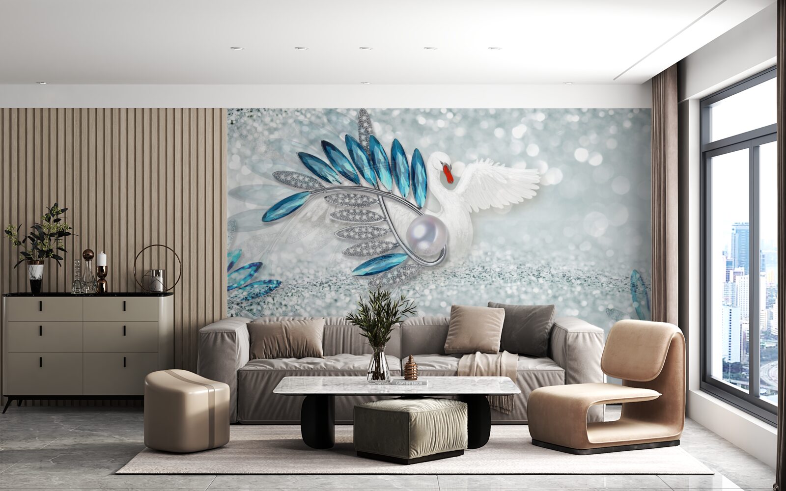 Papier peint bijoux en nacre et cygne blanc