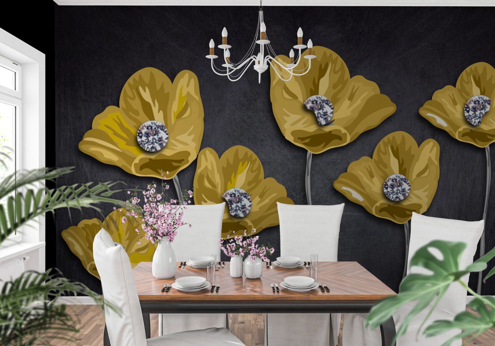 Papier peint Tulipes jaunes sur fond gris