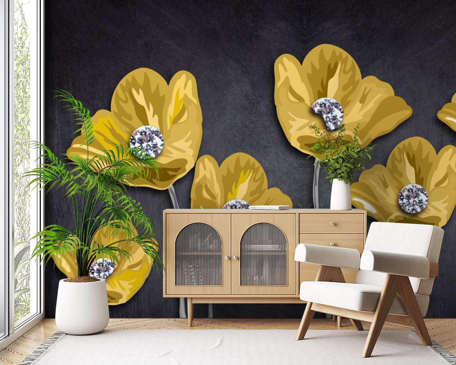 Papier peint Tulipes jaunes sur fond gris